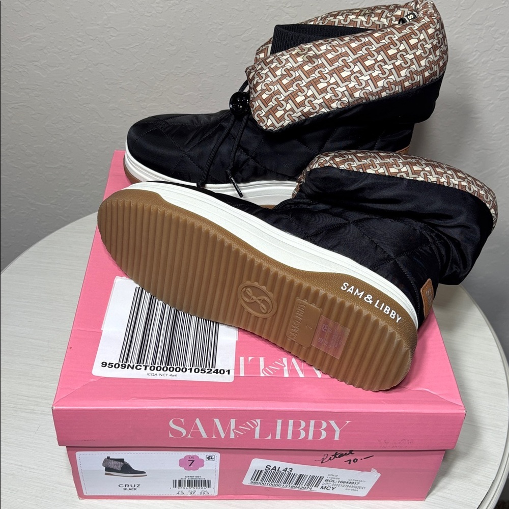 Sam & Libby Cruz Fold Over Puffer Bootie Black and Tan Patterned.NWBox Size 7 - Picture 8 of 8